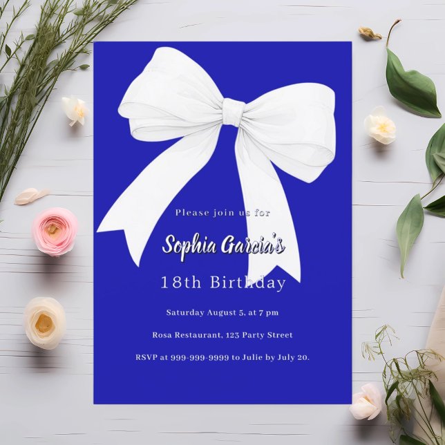 Royal blue white bow Birthday Invitation (Creator Uploaded)