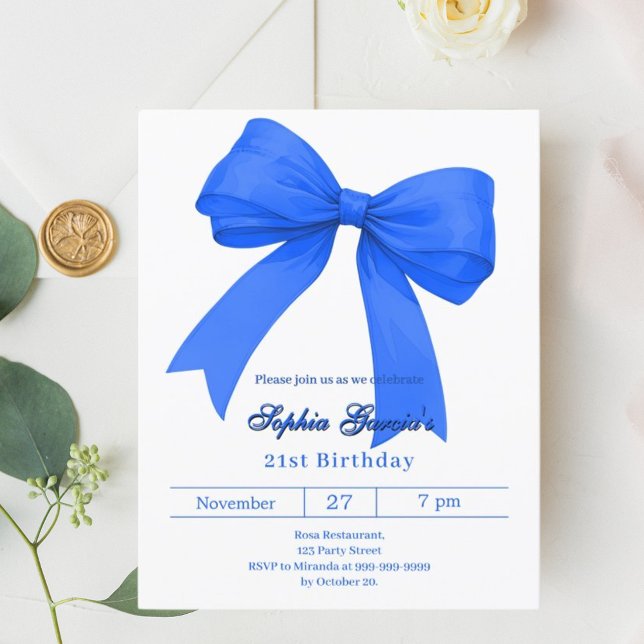 Royal blue white bow birthday invitation (Creator Uploaded)