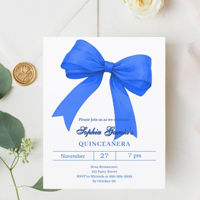 Royal blue white bow Quinceanera invitation (Creator Uploaded)