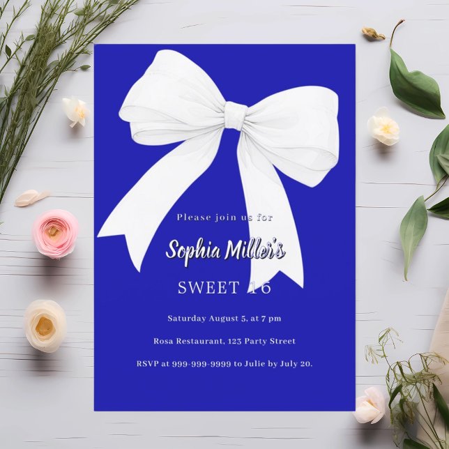 Royal blue white bow Sweet 16 Invitation (Creator Uploaded)