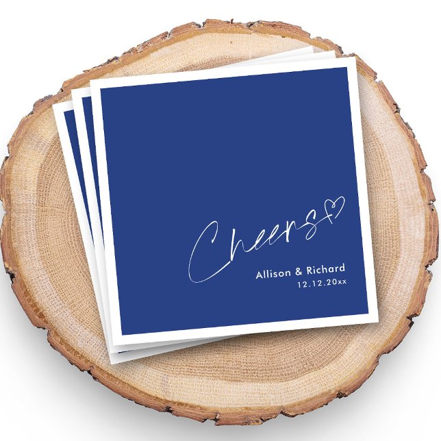 Royal Blue & White | Cheers Hand-Lettered Wedding Napkins (Personalized Royal Blue & White _ Cheers Hand-Lettered Wedding Napkins With Names and Date)