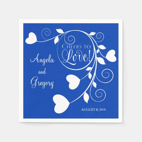 Royal Blue White Cheers to Love Heart Wedding Napkins