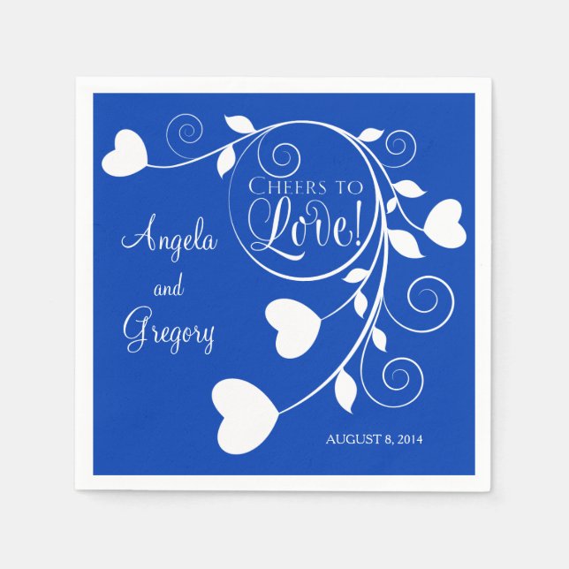 Royal Blue White Cheers to Love Heart Wedding Napkins (Front)