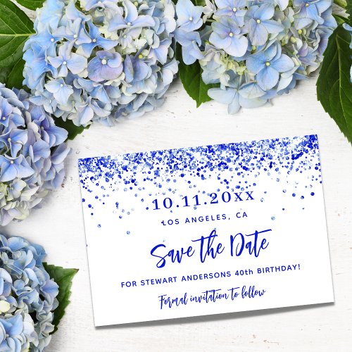 Royal blue white confetti birthday party save the date