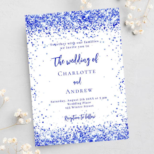 Royal blue white confetti luxury wedding invitation | Zazzle