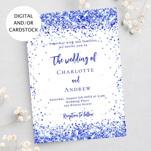 Royal blue white confetti wedding invitation