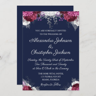 Royal Blue, White Cranberry Burgundy Wedding Invitation