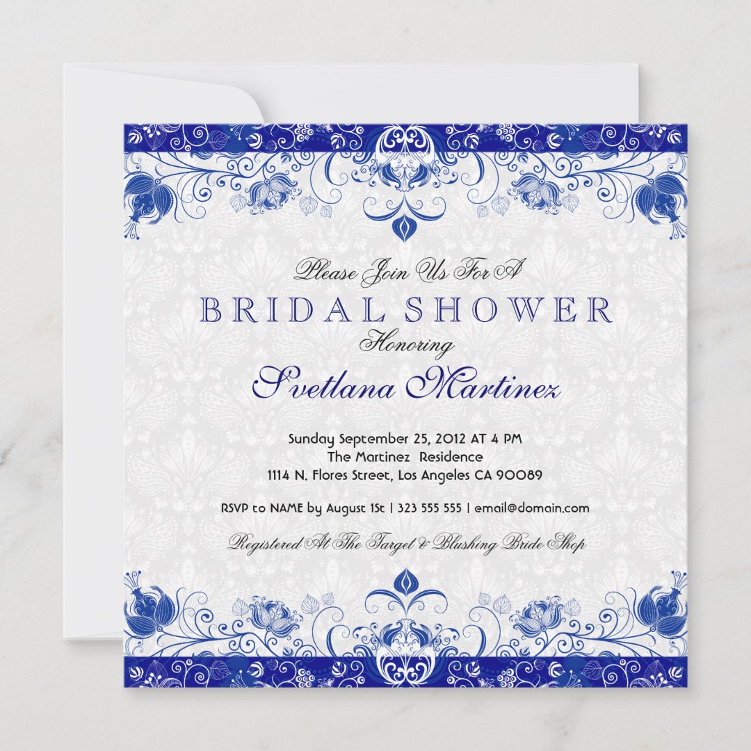 Royal Blue & White Damask Bridal Shower Invitation Zazzle