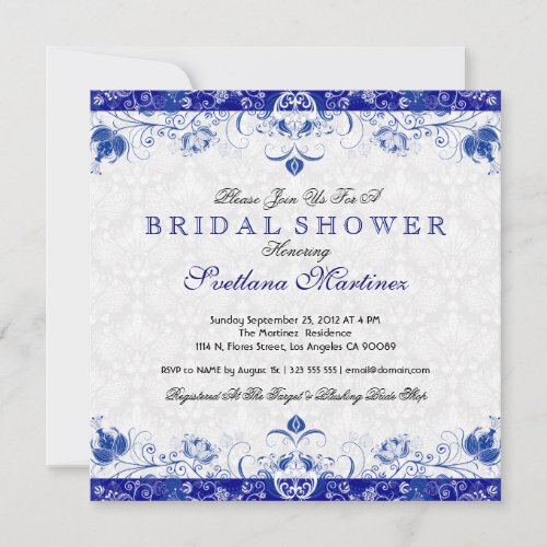 Royal Blue &amp; White Damask Bridal Shower Invitation