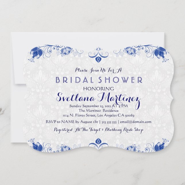 Royal Blue & White Damask Bridal Shower Invite 2 (Front)