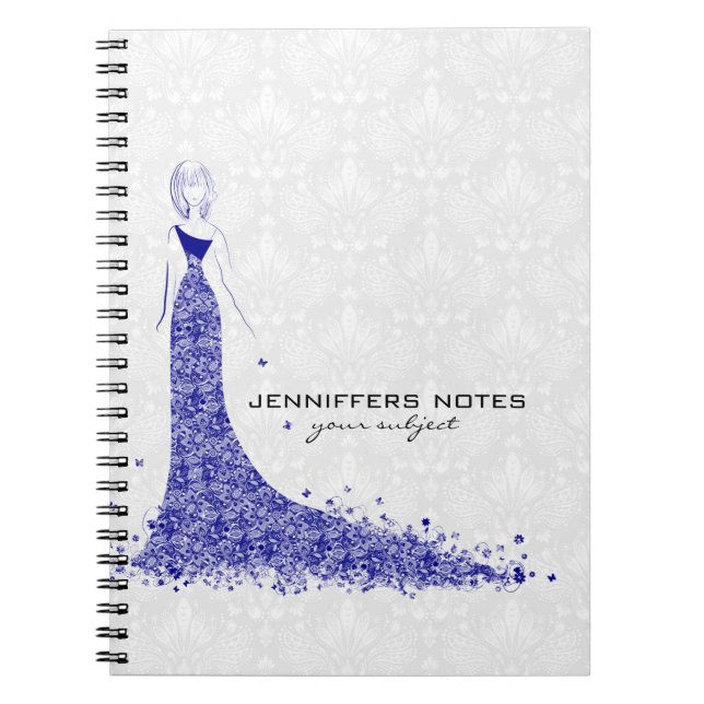 Royal Blue & White Damasks Wedding Dress Notebook (Front)