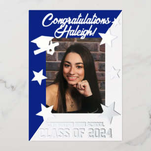 Royal Blue & White Diagonal Graduation Silver Foil Invitation