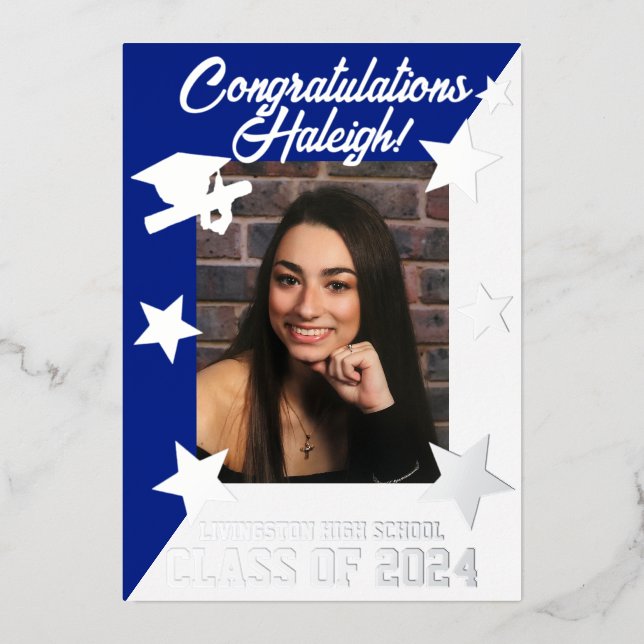 Royal Blue & White Diagonal Graduation Silver Foil Invitation (Front)