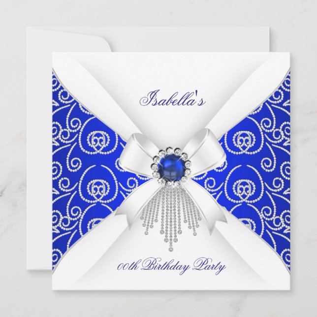 Royal Blue White Diamond Pearl Birthday Party 3 Invitation (Front)