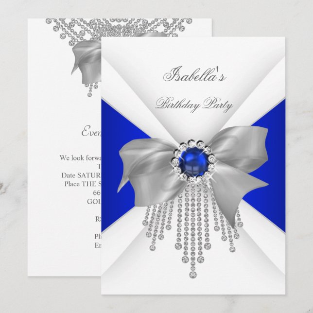 Royal Blue White Diamond Pearl Birthday Party Invitation (Front/Back)