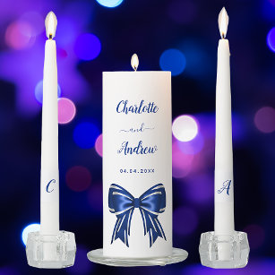 Royal blue white elegant bow names wedding unity candle set