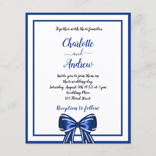 Royal blue white elegant bow wedding budget flyer