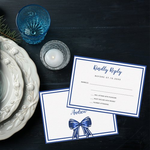 Royal blue white elegant bow wedding RSVP Note Card