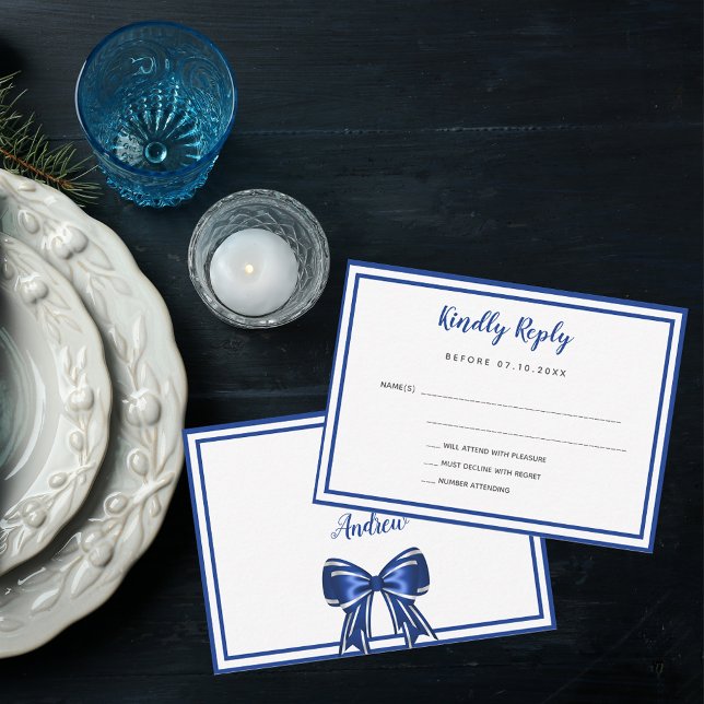 Royal blue white elegant bow wedding RSVP Note Card (Creator Uploaded)