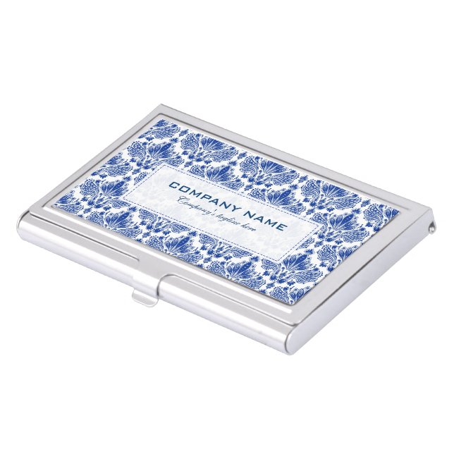 Royal Blue & White Elegant Damasks Pattern Business Card Case (Front)
