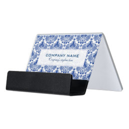 Royal Blue &amp; White Elegant Damasks Pattern Desk Business Card Holder