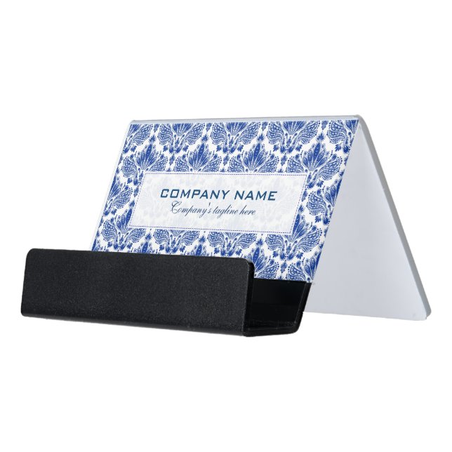 Royal Blue & White Elegant Damasks Pattern Desk Business Card Holder (Angled Front)