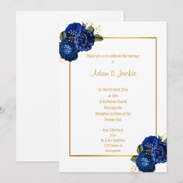 ROYAL BLUE White FLORAL BOUQUET WEDDING INVITATION (Front/Back)