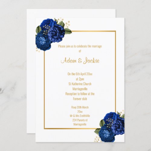 ROYAL BLUE White FLORAL BOUQUET WEDDING INVITATION
