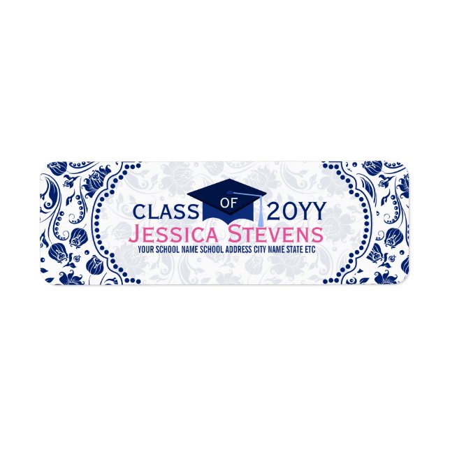 Royal Blue & White Floral Damasks & Blue Grad Hat Label (Front)