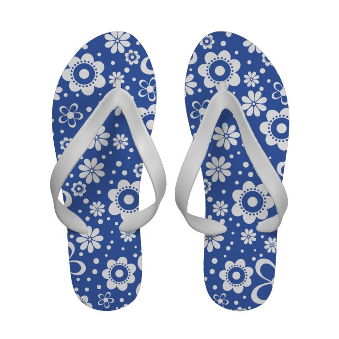 Royal Blue White Floral Flower Flip Flops