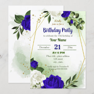 royal blue white floral geometric birthday party invitation
