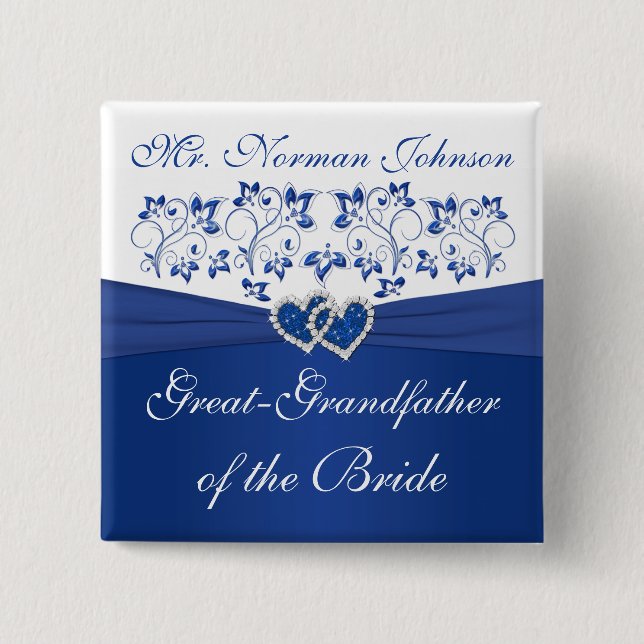 Royal Blue White Floral Grandfather of the Bride Pinback Button (Front)