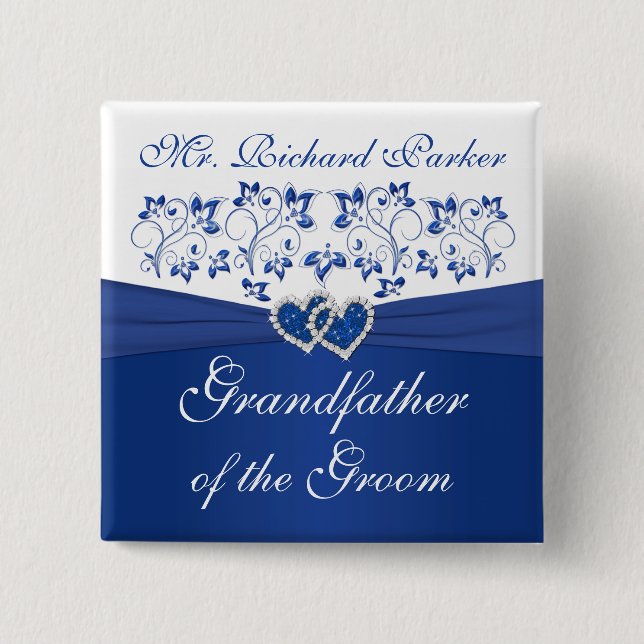 Royal Blue White Floral Grandfather of the Groom Button (Front)