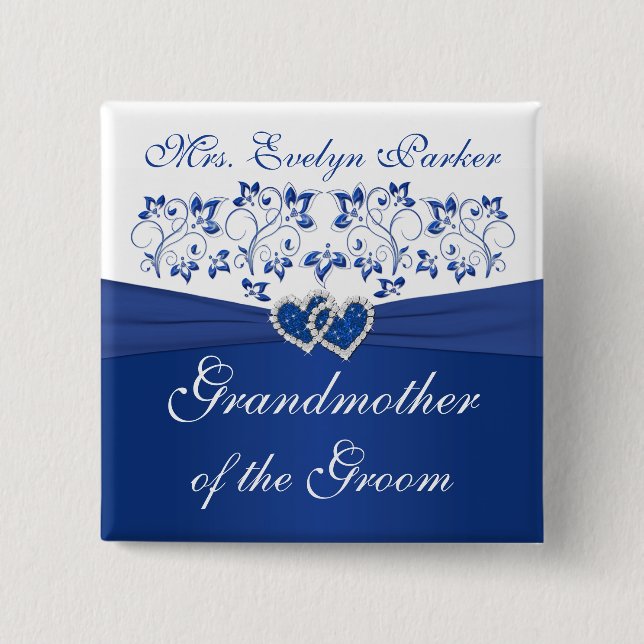 Royal Blue White Floral Grandmother of the Groom Button (Front)