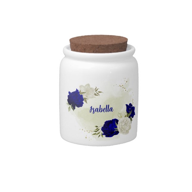royal blue white floral greenery  candy jar (Front)