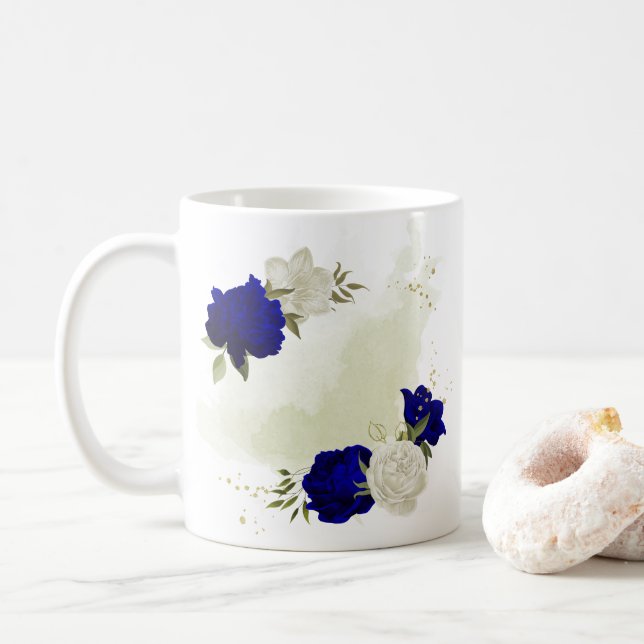 royal blue white floral greenery  coffee mug (With Donut)