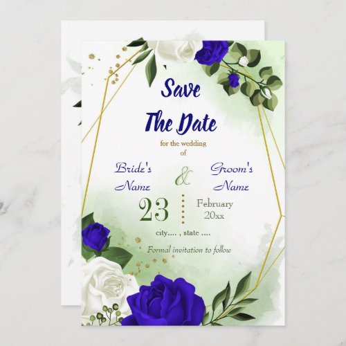 royal blue white floral greenery gold geometric save the date