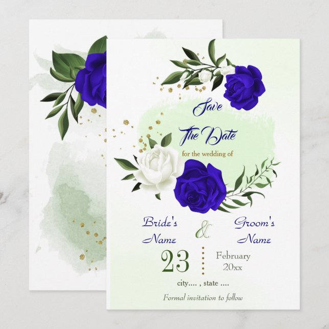 royal blue white floral greenery save the date (Front/Back)