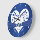 Royal Blue, White Floral Heart Happily Ever After Large Clock (Angle)