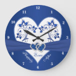 Royal Blue, White Floral Heart Happily Ever After Large Clock at Zazzle