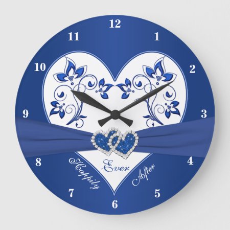 Royal Blue, White Floral Heart Happily Ever After Large Clock