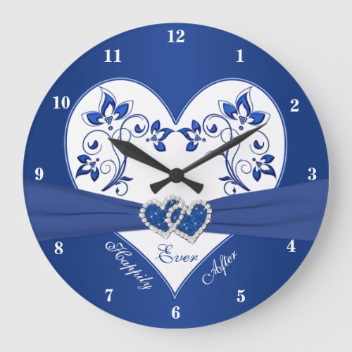 Royal Blue White Floral Heart Happily Ever After Large Clock