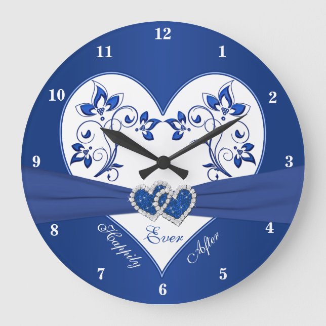 Royal Blue, White Floral Heart Happily Ever After Large Clock (Front)