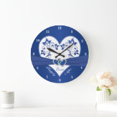 Royal Blue, White Floral Heart Happily Ever After Large Clock (Home)