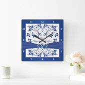 Royal Blue, White Floral Heart Happily Ever After Square Wall Clock (Home)