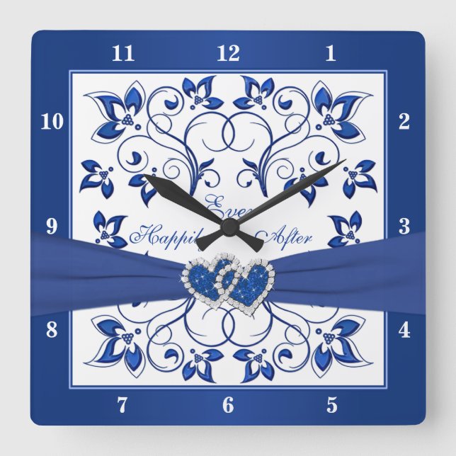 Royal Blue, White Floral Heart Happily Ever After Square Wall Clock (Front)