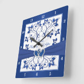 Royal Blue, White Floral Heart Happily Ever After Square Wall Clock (Angle)