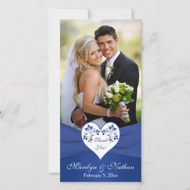 Royal Blue, White Floral Heart Wedding Photo Card (Front)