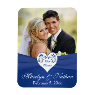 Royal Blue White Floral Heart Wedding Photo Magnet