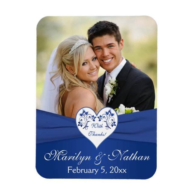 Royal Blue White Floral Heart Wedding Photo Magnet (Vertical)